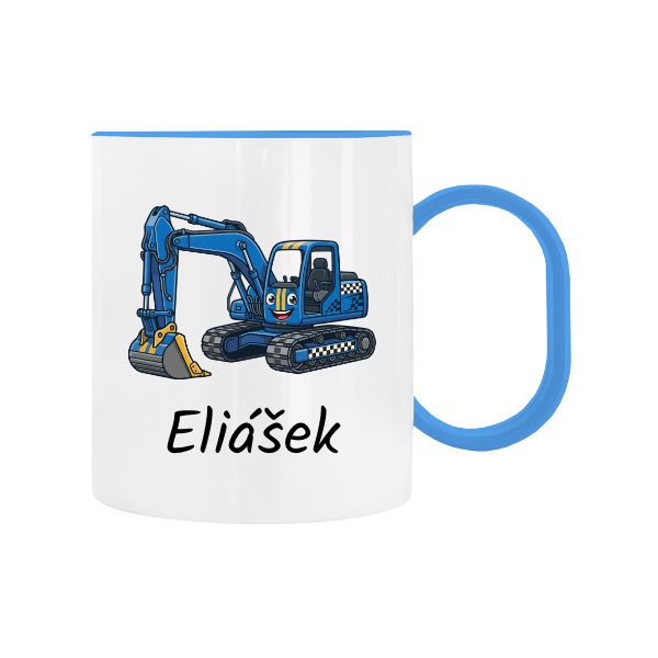 Plastic children's mug Blue Excavator for Kindergarten with the name