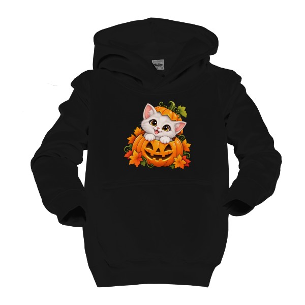Detská mikina s kapucňou s potlačou Mačiatko v tekvici – Halloween
