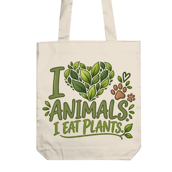 Taška z bio bavlny s potiskem I Love Animals I Eat Plants