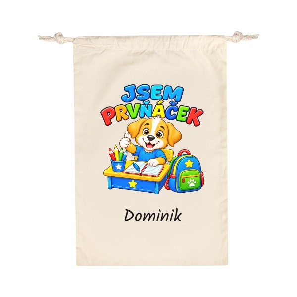 Bavlněný pytlík s potiskem Jsem prvňáček pejsek se jménem