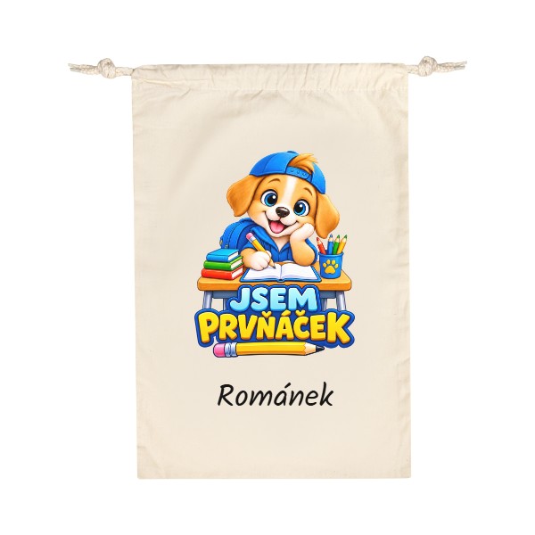 Bavlněný pytlík s potiskem Jsem prvňáček štěňátko se jménem do školy
