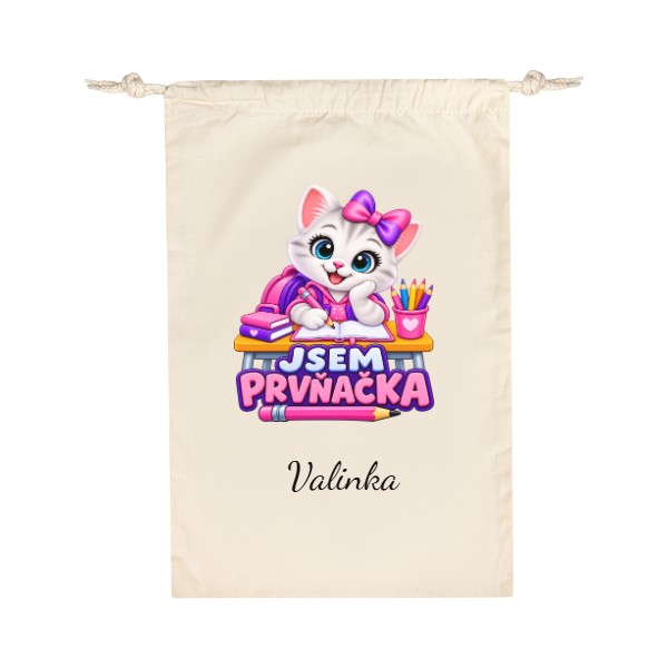 Bavlněný pytlík s potiskem Jsem prvňačka kočička do školy se jménem