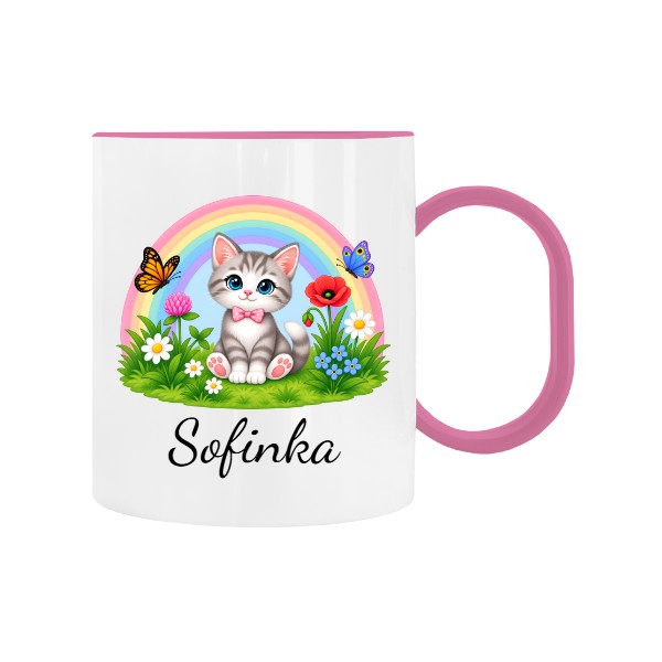 Plastic children's mug Kitten with a Rainbow for Kindergarten with the name