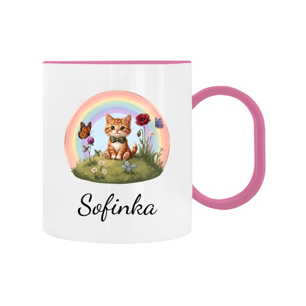 Plastic children's mug Kitten with a Rainbow for Kindergarten with the name