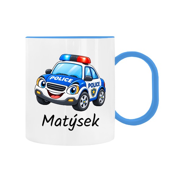 Dětský hrnek plastový  s potiskem Policejní auto do školky se jménem